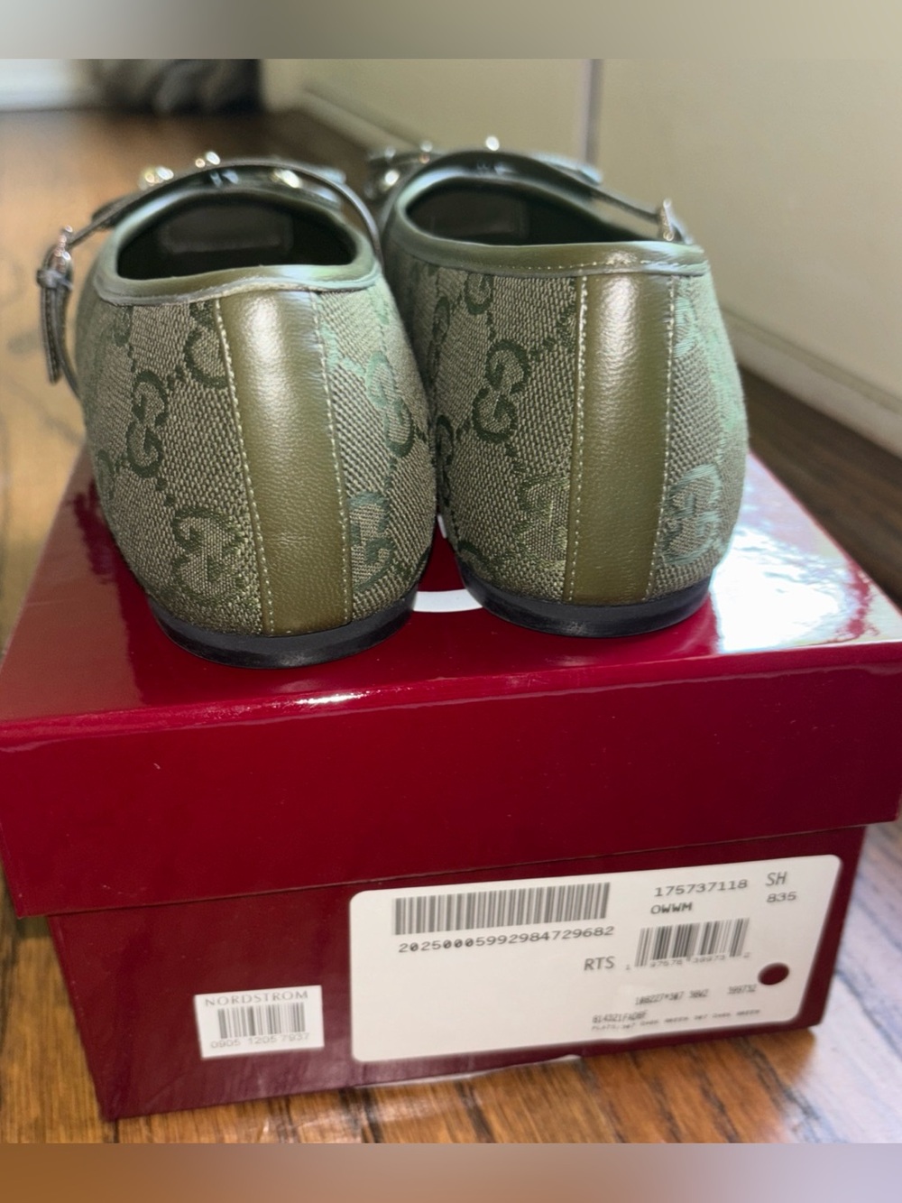 Authentic Gucci Horsebit Mary Jane Ballet Flat GG Logo Print Dark Green 8US 38EU - Picture 12 of 12